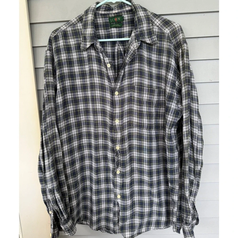 J Crew Mens Large 100% Linen Plaid Button Down Shirt Blue Green